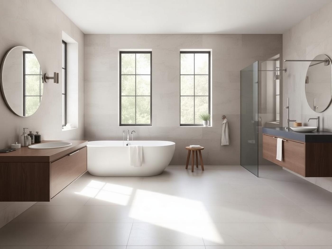 Contemporary bathroom with freestanding tub and large windows