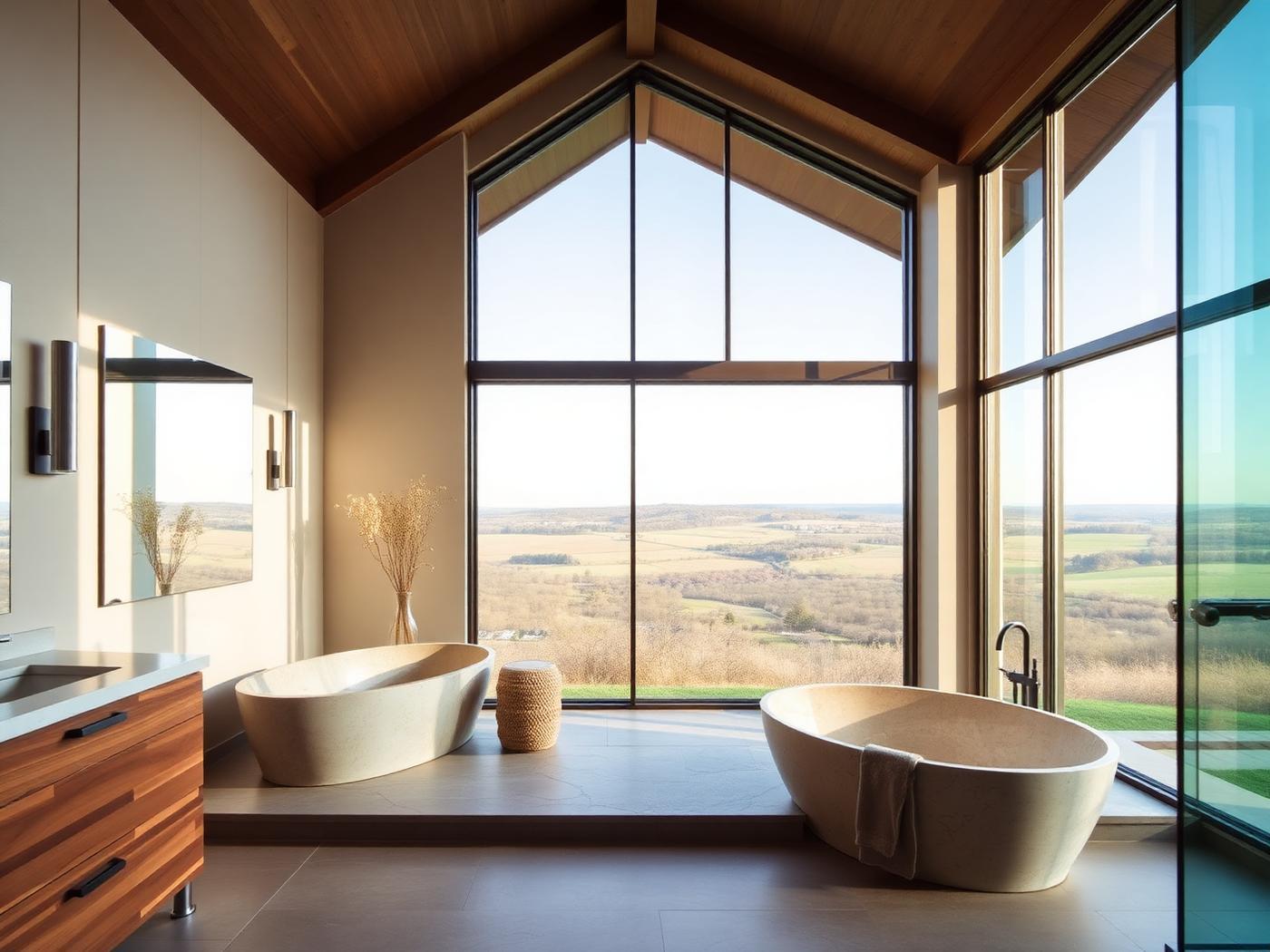 Luxury master bathroom with countryside view
