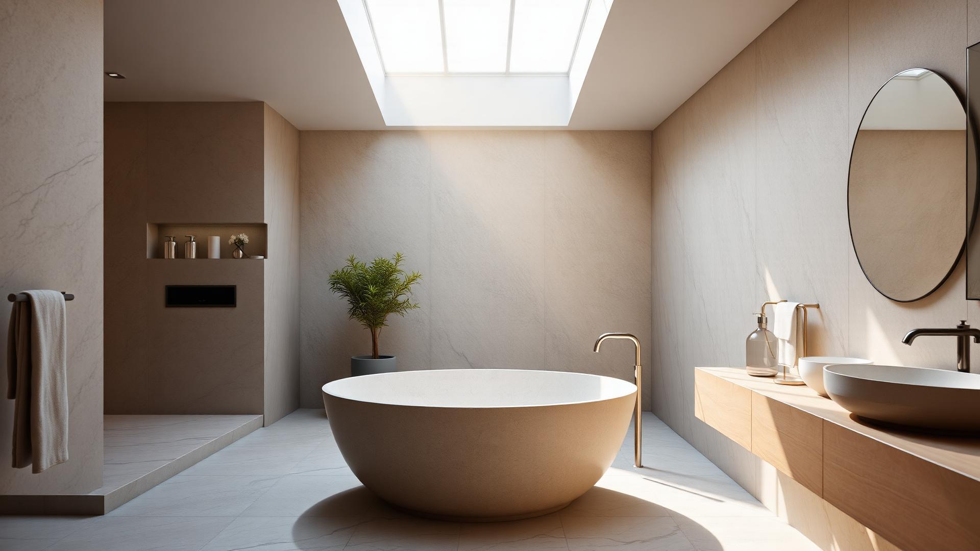 Premium contemporary bathroom with freestanding stone bath